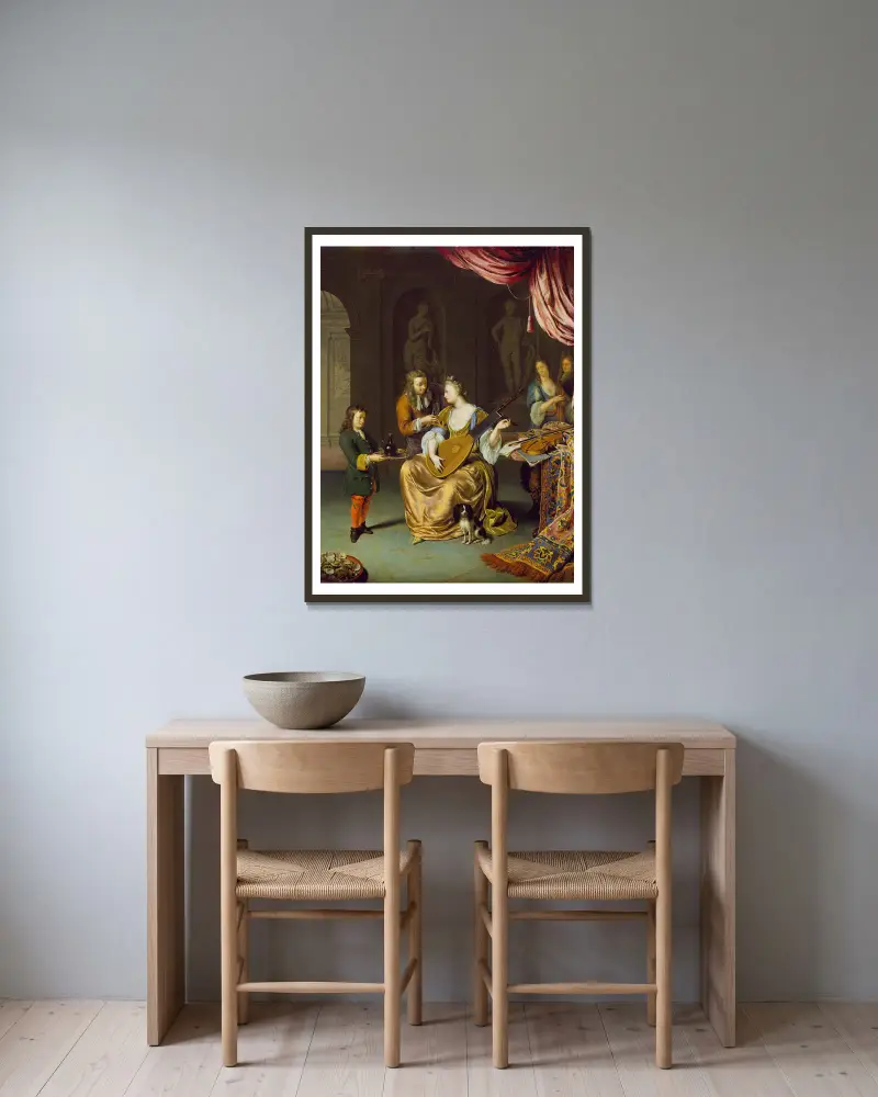 Der Lautenspieler von Willem Van Mieris gerahmt an einer Wand