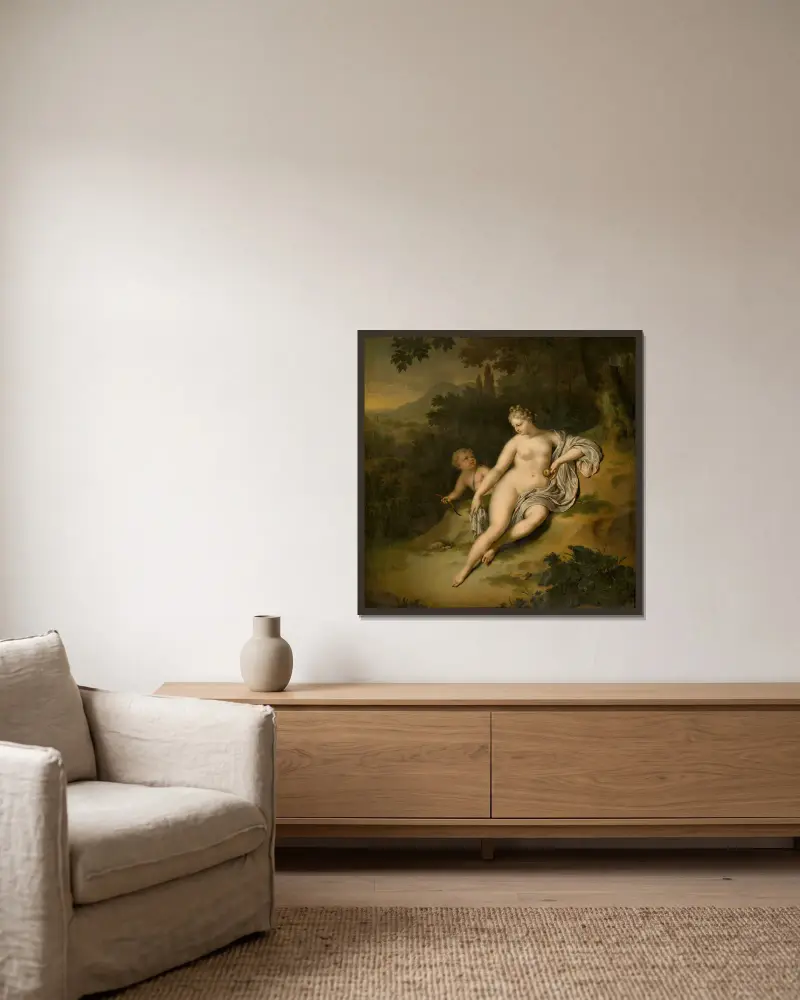 Venus with Cupido av Willem Van Mieris inramad på en vägg