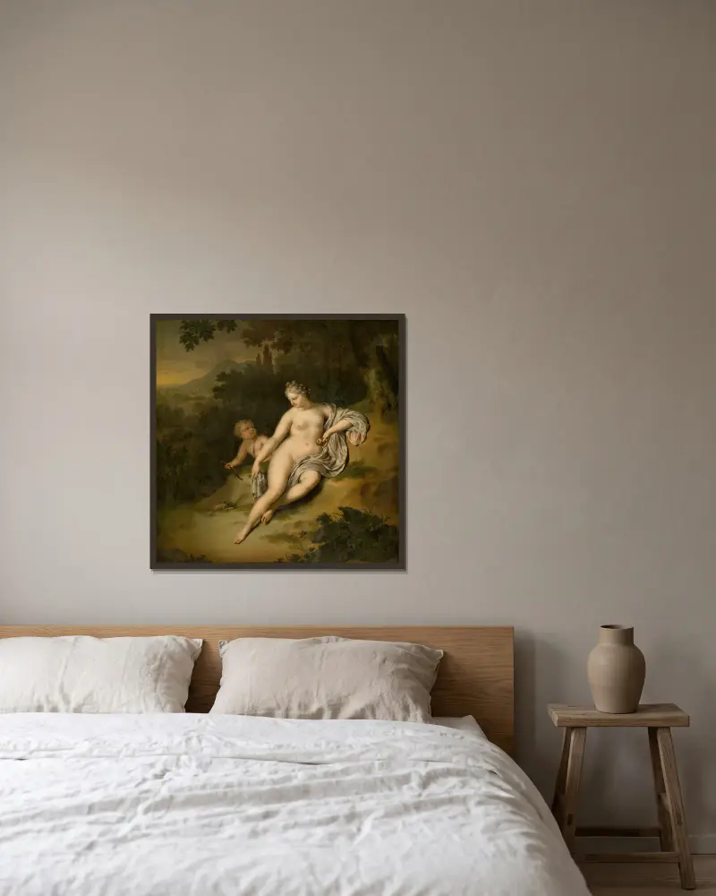 Venus with Cupido av Willem Van Mieris inramad på en vägg