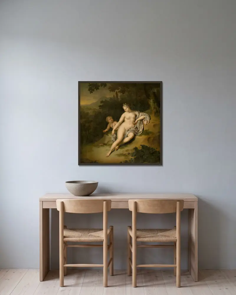 Venus with Cupido av Willem Van Mieris inramad på en vägg
