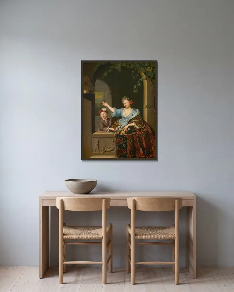 Vrouw in balkon av Willem Van Mieris inramad på en vägg
