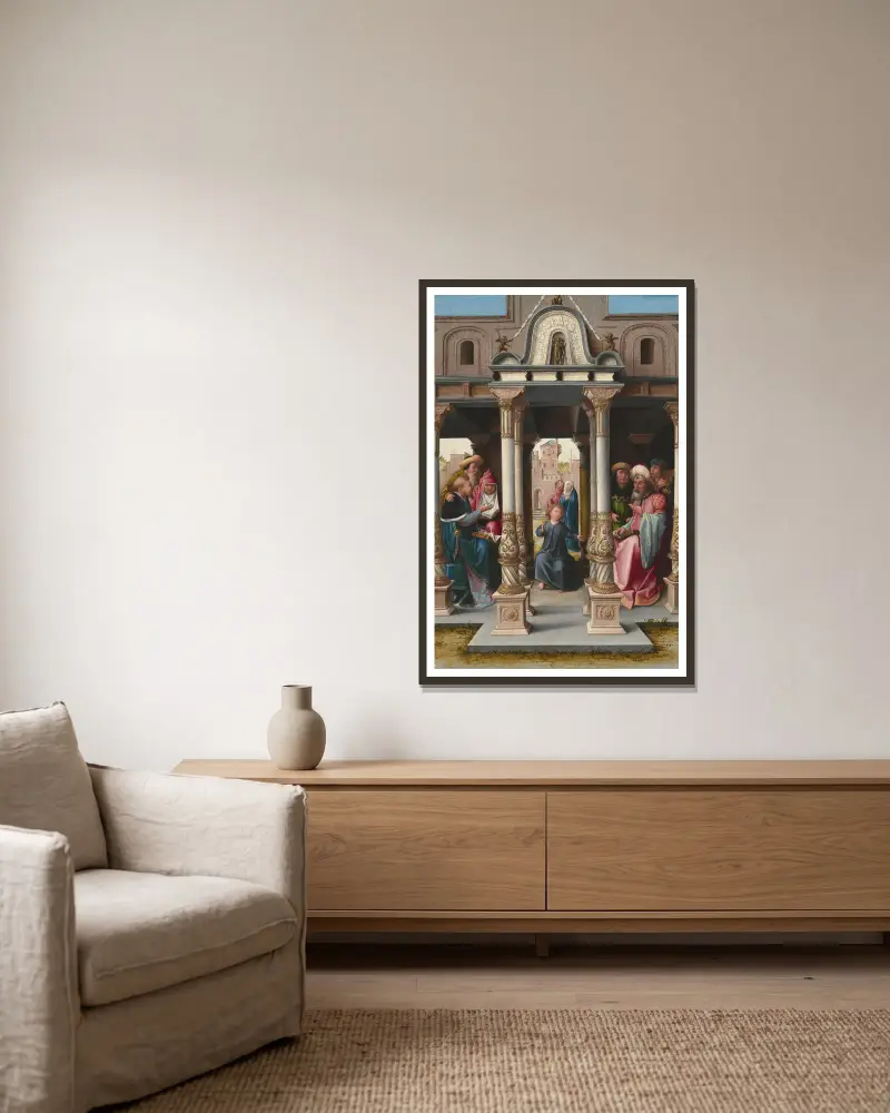 Jesus unter den Schriftgelehrten von Bernard van Orley gerahmt an einer Wand