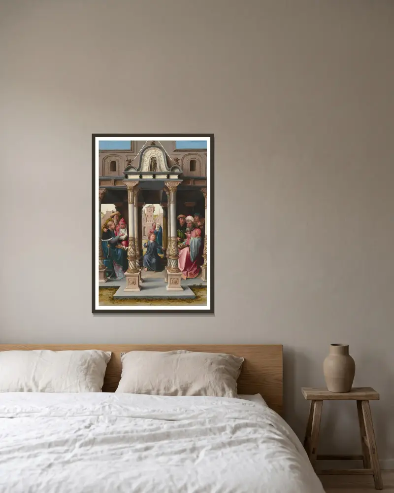 Jesus unter den Schriftgelehrten von Bernard van Orley gerahmt an einer Wand