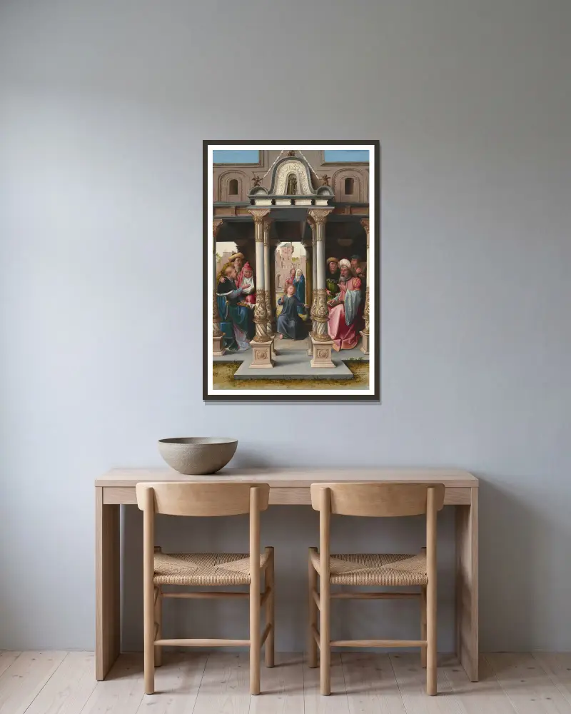 Jesus unter den Schriftgelehrten von Bernard van Orley gerahmt an einer Wand