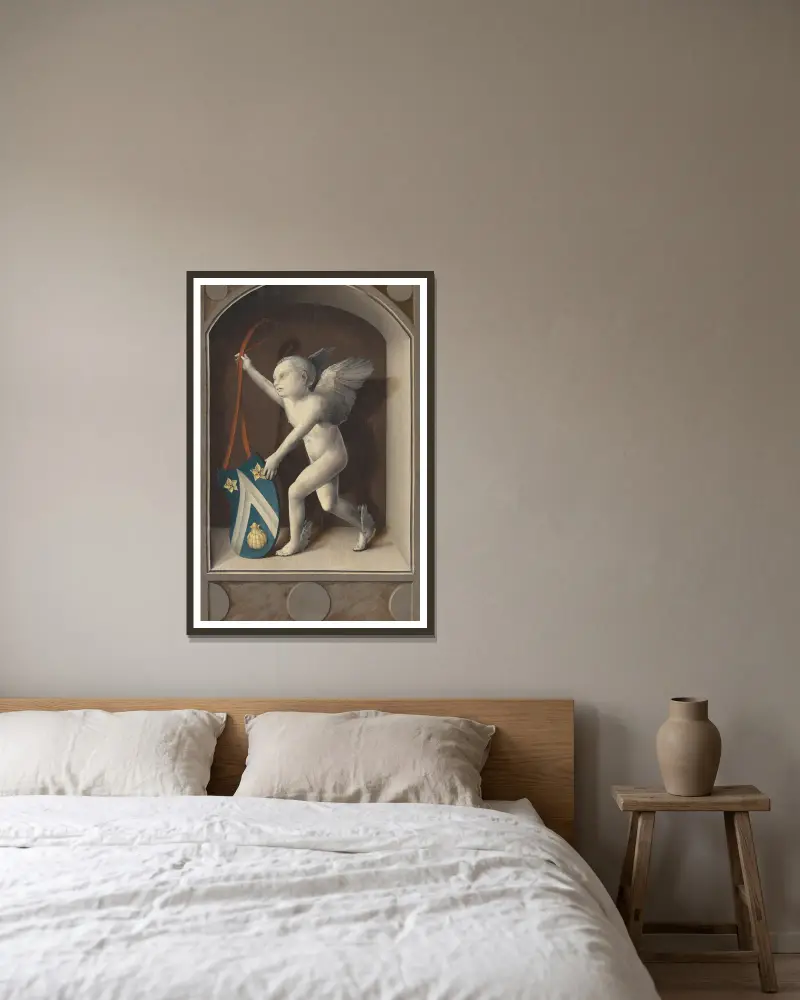 Putto med Jacques Coënes vapen (baksida) av Bernard van Orley inramad på en vägg