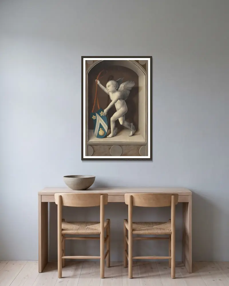 Putto med Jacques Coënes vapen (baksida) av Bernard van Orley inramad på en vägg