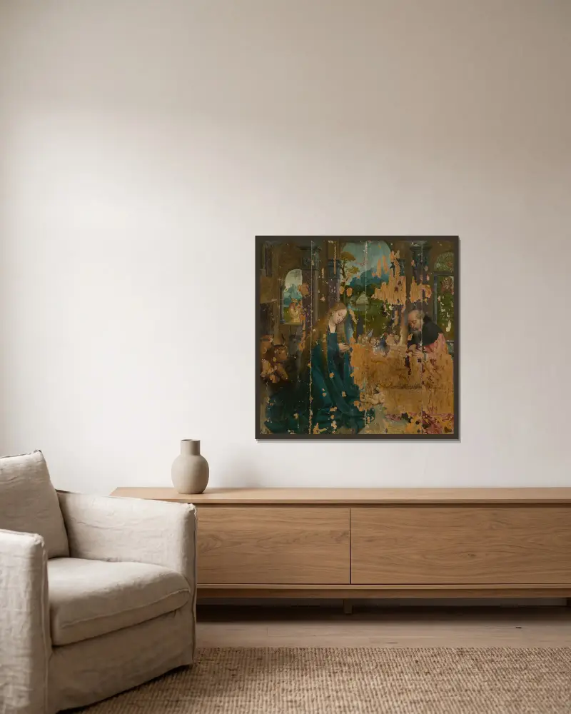 Jesu Geburt von Bernard van Orley gerahmt an einer Wand