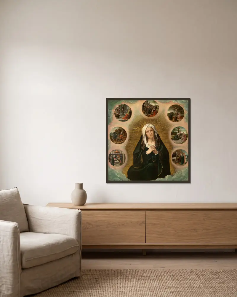The Seven Sorrows of Mary av Bernard van Orley inramad på en vägg