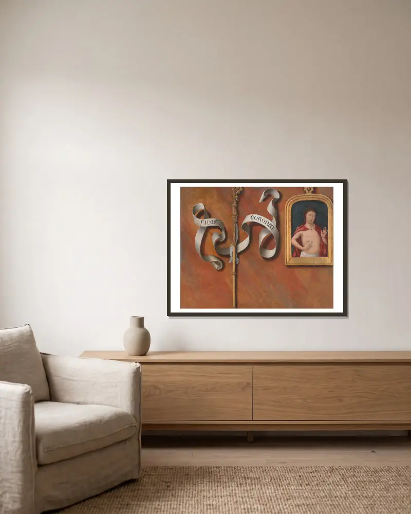 Trompe-l’oeil med målning av Smärtomannen av Bernard van Orley inramad på en vägg