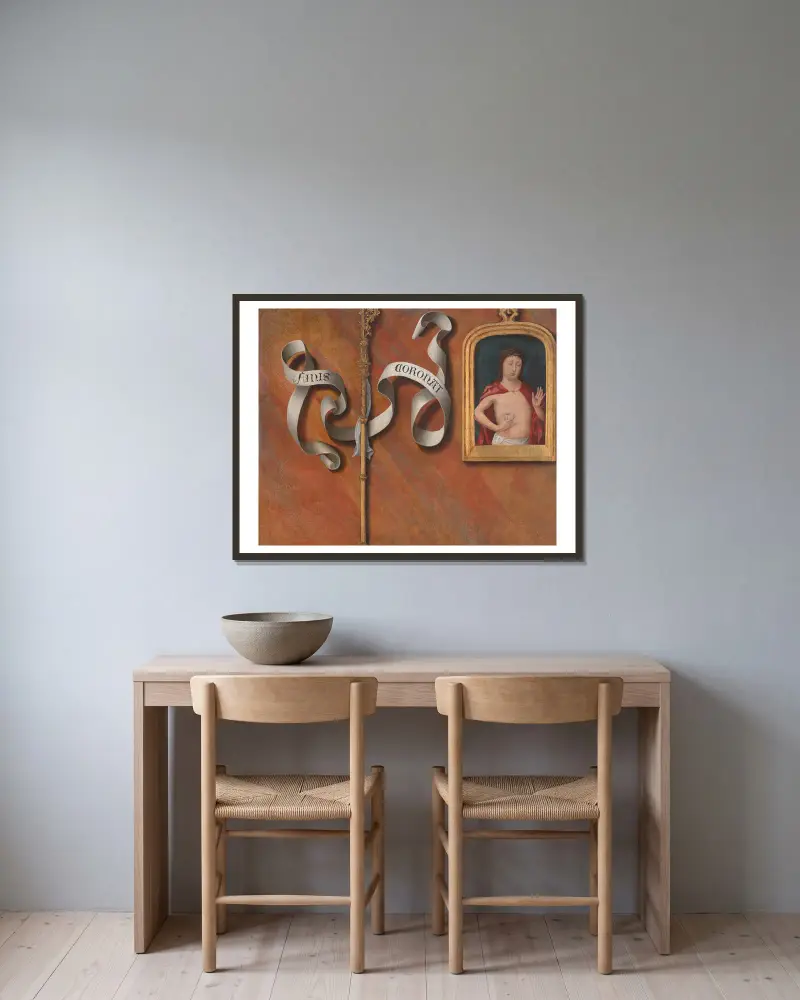 Trompe-l’oeil med målning av Smärtomannen av Bernard van Orley inramad på en vägg