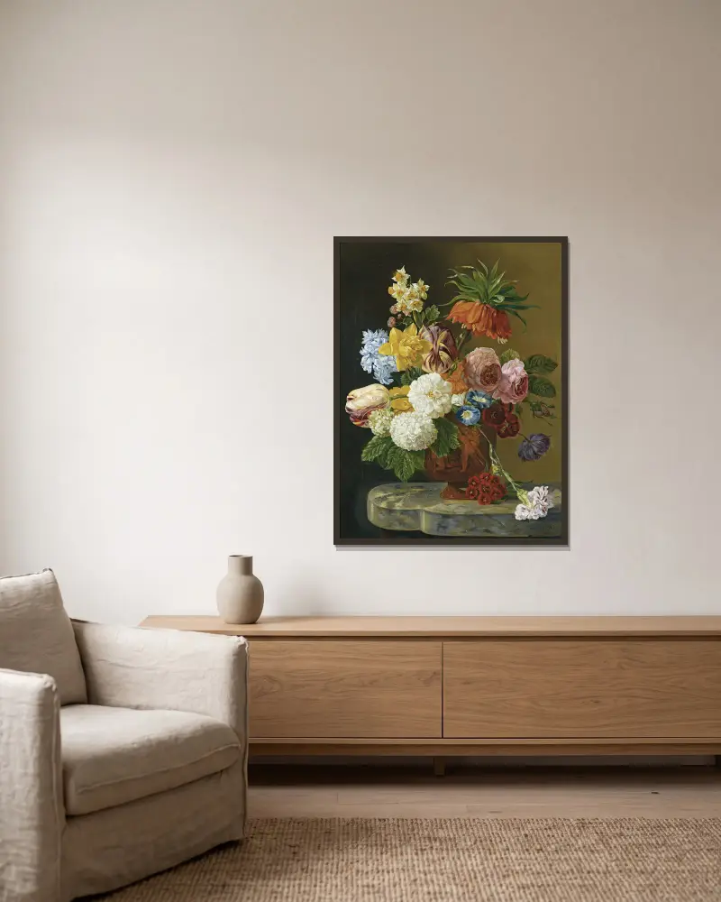 A Still Life With Roses, Peonies, Tulips, Daffodils, Carnations And Other Flowers In A Vase av Georgius Jacobus Johannes van Os inramad på en vägg