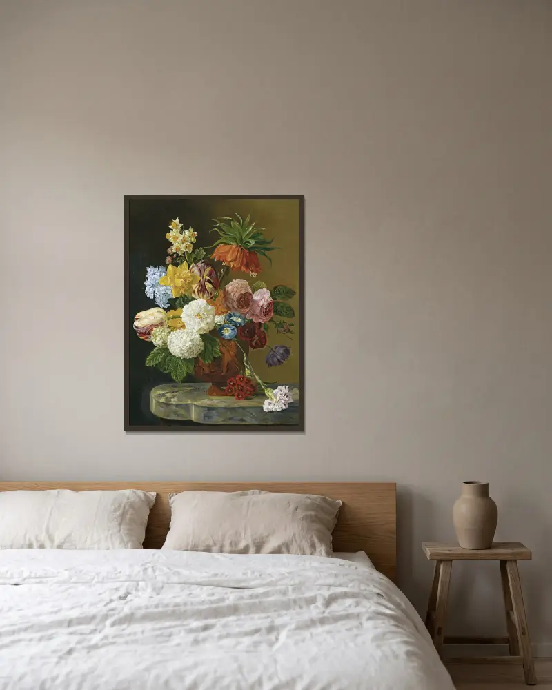 A Still Life With Roses, Peonies, Tulips, Daffodils, Carnations And Other Flowers In A Vase av Georgius Jacobus Johannes van Os inramad på en vägg