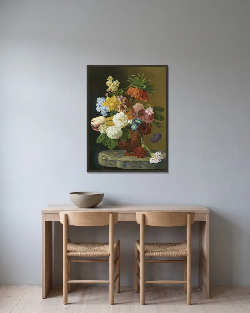 A Still Life With Roses, Peonies, Tulips, Daffodils, Carnations And Other Flowers In A Vase av Georgius Jacobus Johannes van Os inramad på en vägg