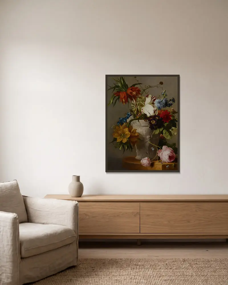 An Arrangement with Flowers av Georgius Jacobus Johannes van Os inramad på en vägg
