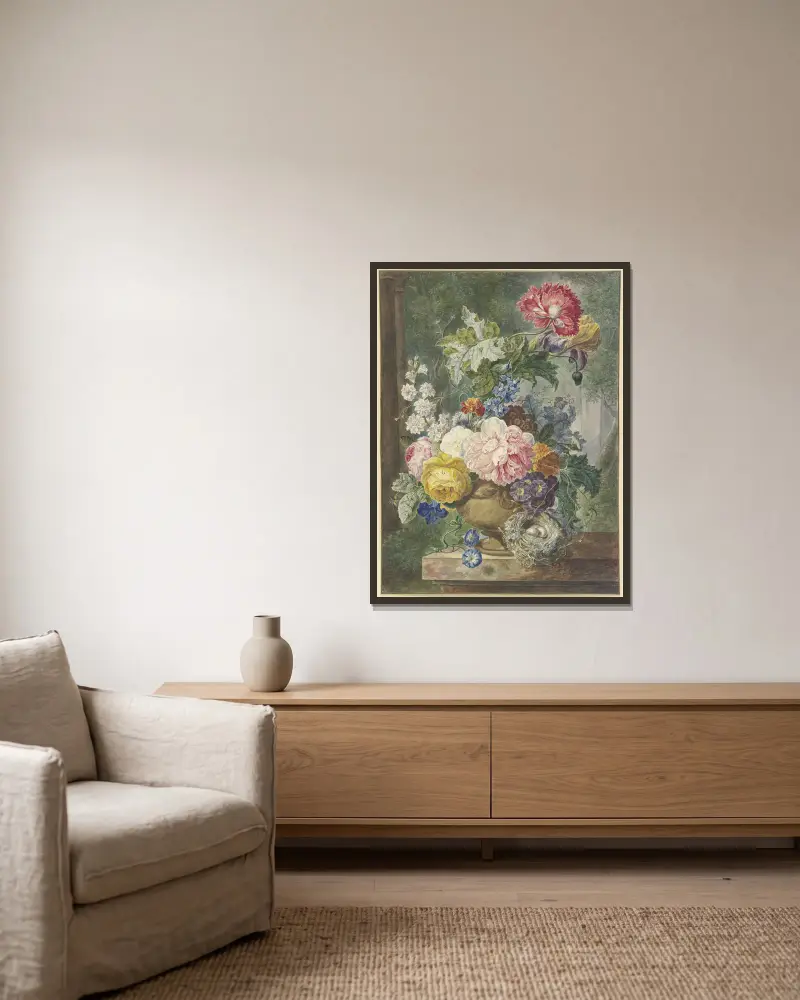 Blumenstrauß In Einer Vase, Dabei Ein Vogelnest av Georgius Jacobus Johannes van Os inramad på en vägg