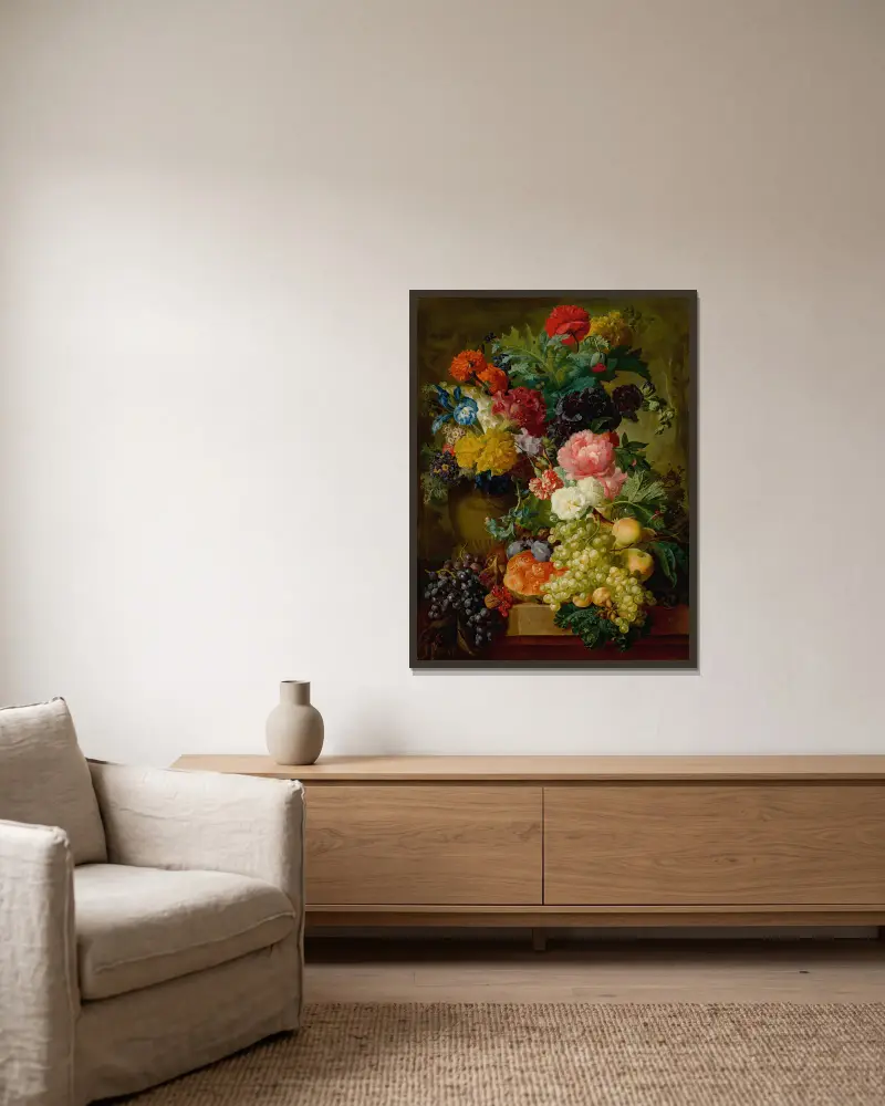 Elaborate Still Life Of Flowers And Fruit Resting On A Stone Ledge, A Wooded Landscape Beyond av Georgius Jacobus Johannes van Os inramad på en vägg