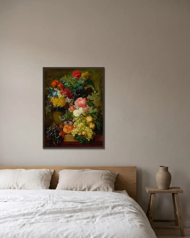 Elaborate Still Life Of Flowers And Fruit Resting On A Stone Ledge, A Wooded Landscape Beyond av Georgius Jacobus Johannes van Os inramad på en vägg