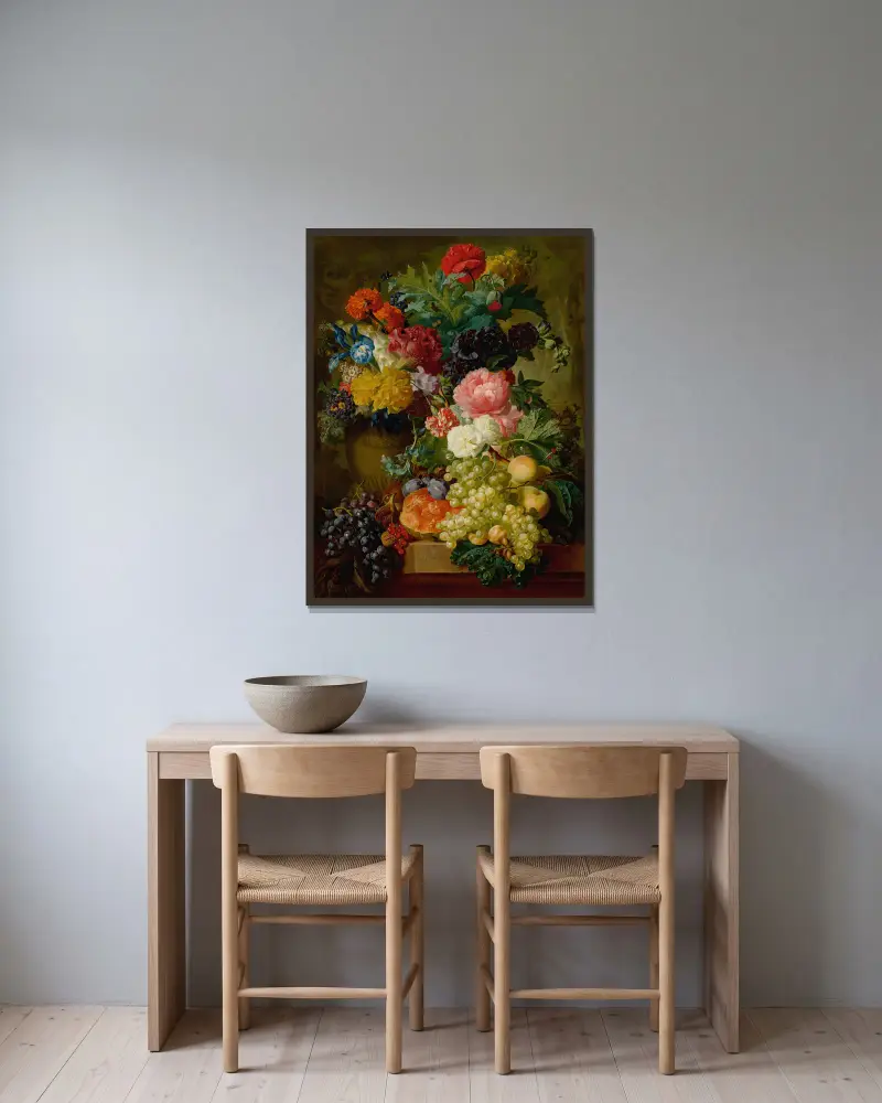 Elaborate Still Life Of Flowers And Fruit Resting On A Stone Ledge, A Wooded Landscape Beyond av Georgius Jacobus Johannes van Os inramad på en vägg