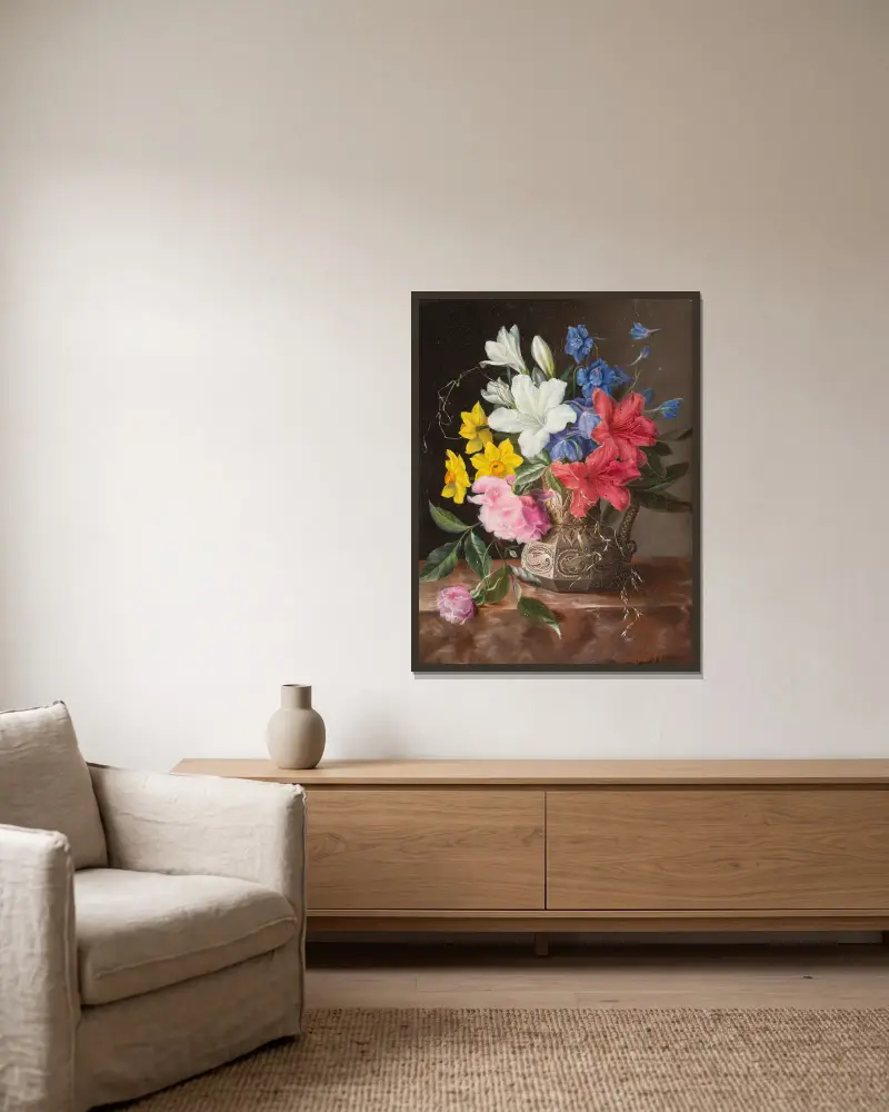 Flower still life av Georgius Jacobus Johannes van Os inramad på en vägg