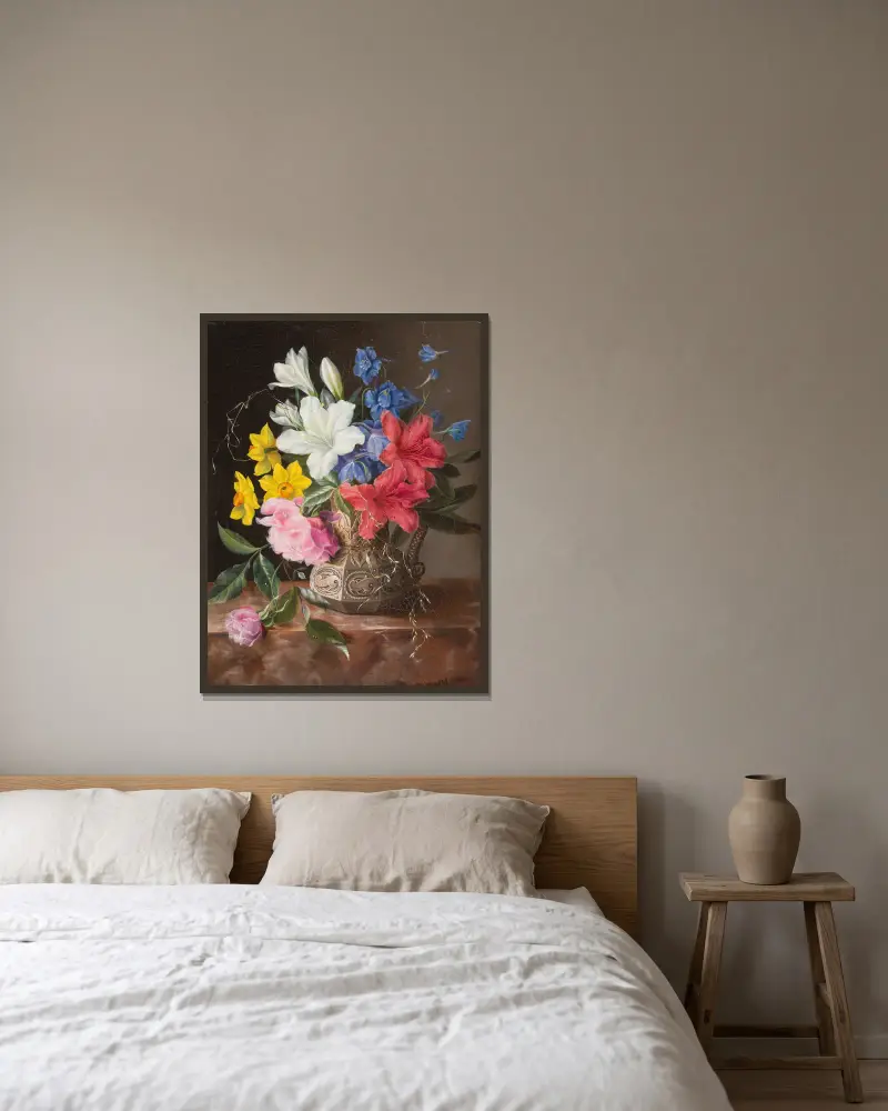 Flower still life av Georgius Jacobus Johannes van Os inramad på en vägg