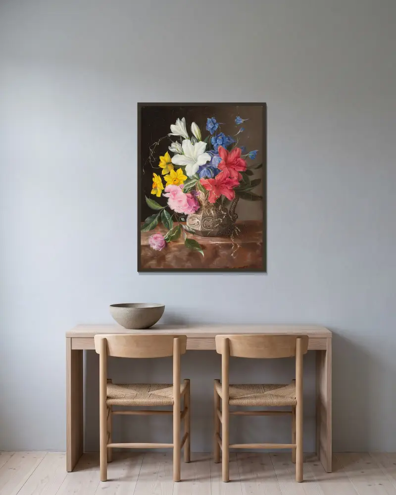 Flower still life av Georgius Jacobus Johannes van Os inramad på en vägg