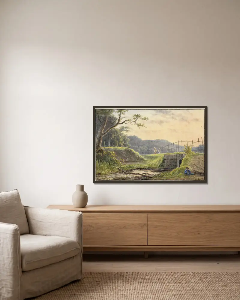 Landschap met brug av Georgius Jacobus Johannes van Os inramad på en vägg