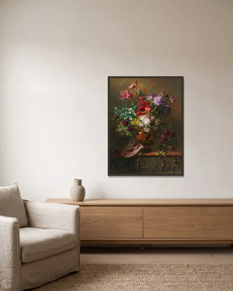 Stillleben mit Blumen in einer griechischen Vase; Allegorie des Frühlings von Georgius Jacobus Johannes van Os gerahmt an einer Wand