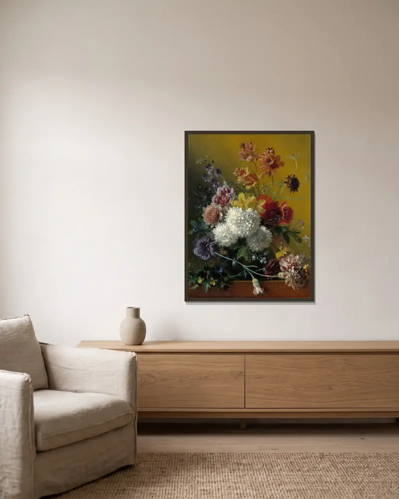 Still Life with Flowers av Georgius Jacobus Johannes van Os inramad på en vägg