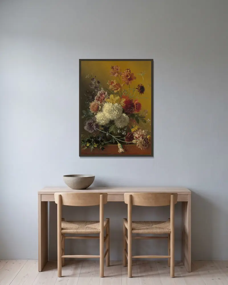 Stilleven met bloemen av Georgius Jacobus Johannes van Os inramad på en vägg