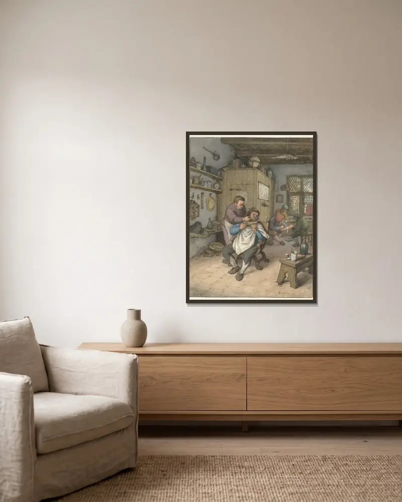 U holiče, Adriaen van Ostade v rámu na stěně