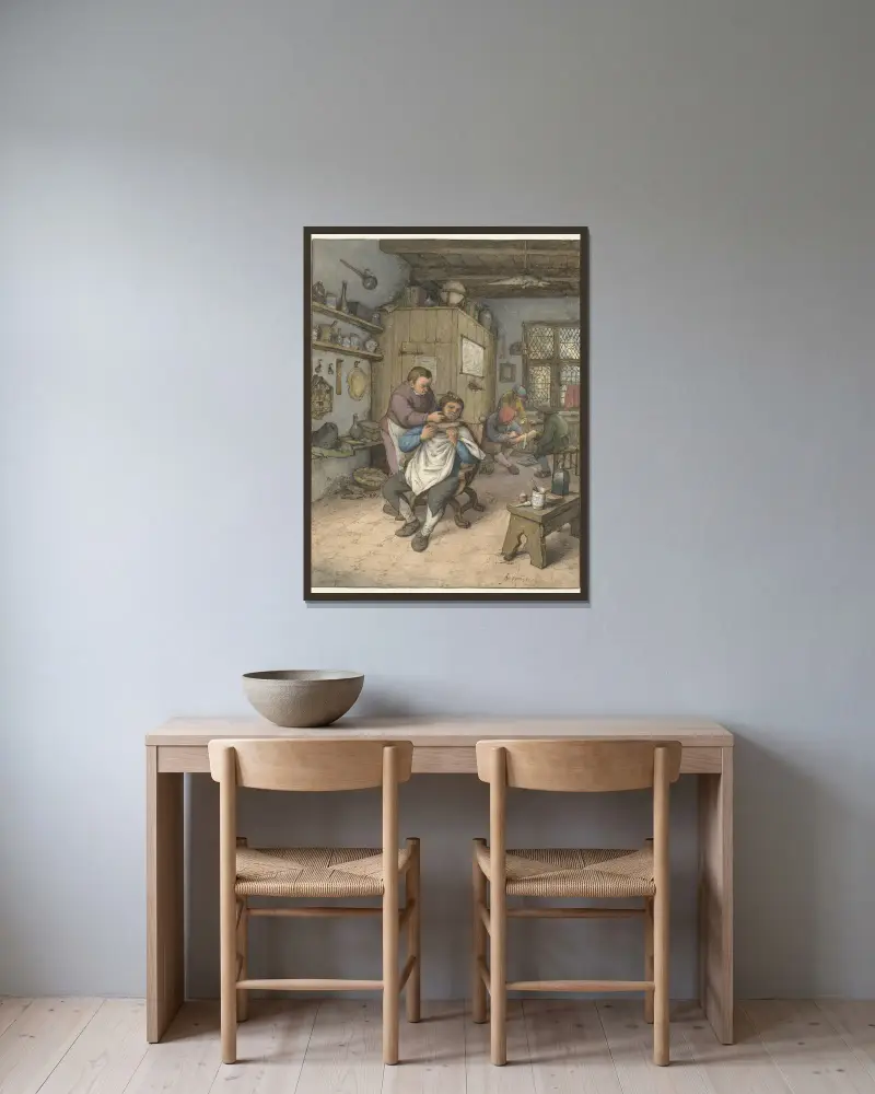 U holiče, Adriaen van Ostade v rámu na stěně