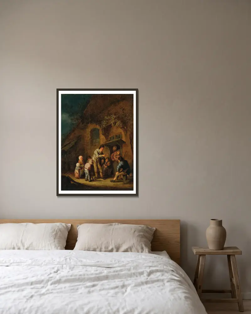 Ein Bauernhof mit Kindern und Bauern, die einem Leierkastenmann zuhören von Adriaen van Ostade gerahmt an einer Wand