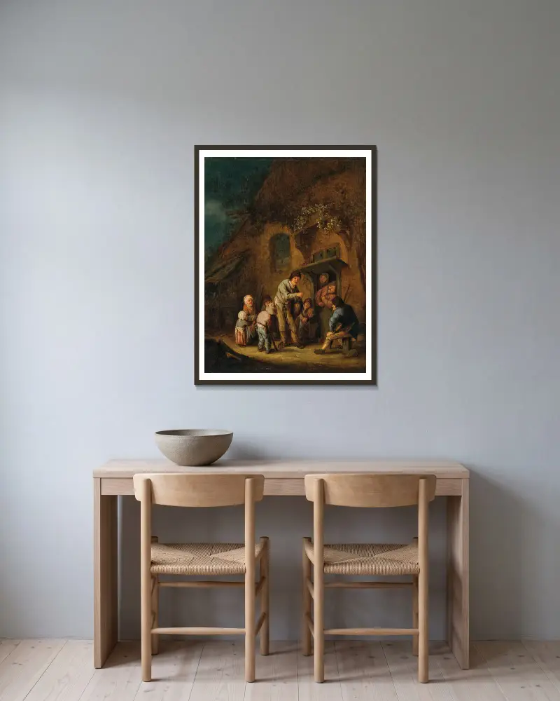 Ein Bauernhof mit Kindern und Bauern, die einem Leierkastenmann zuhören von Adriaen van Ostade gerahmt an einer Wand