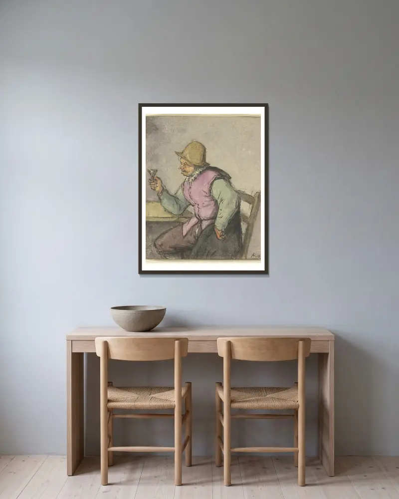 An einem Tisch sitzender Bauer mit Glas, nach links av Adriaen van Ostade inramad på en vägg