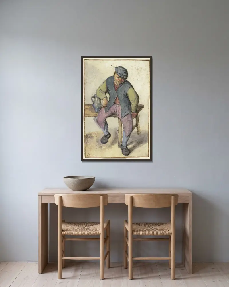 Sedlák sedící na stole, Adriaen van Ostade v rámu na stěně
