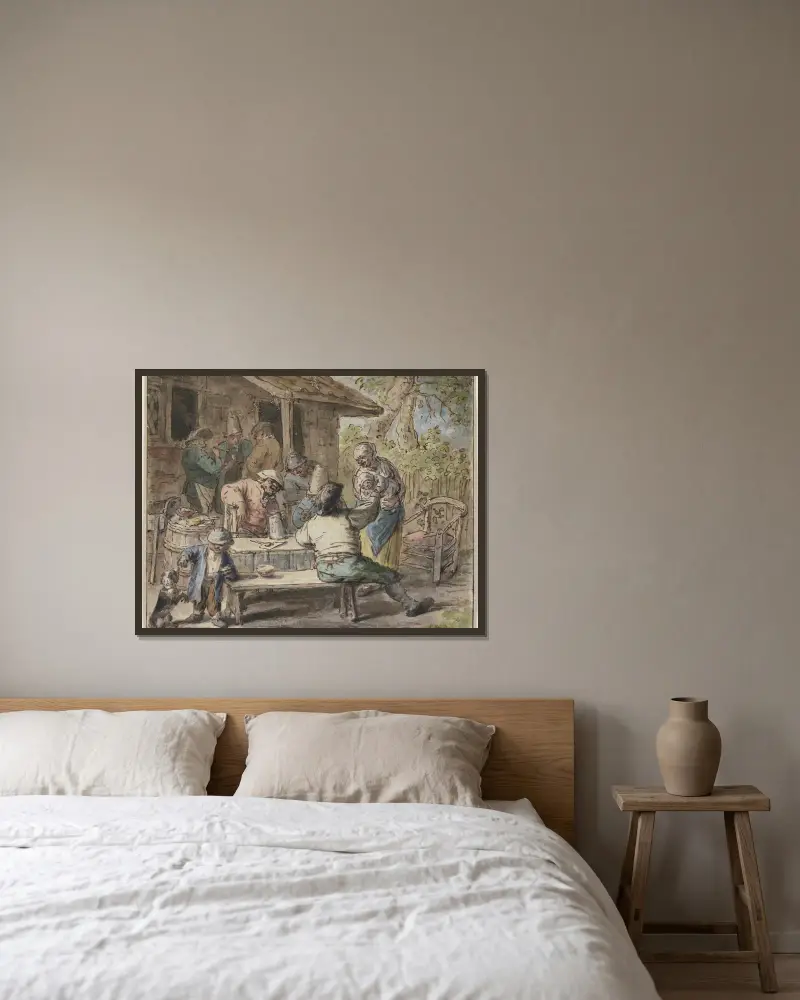 Sedláci s dětmi před domem, Adriaen van Ostade v rámu na stěně