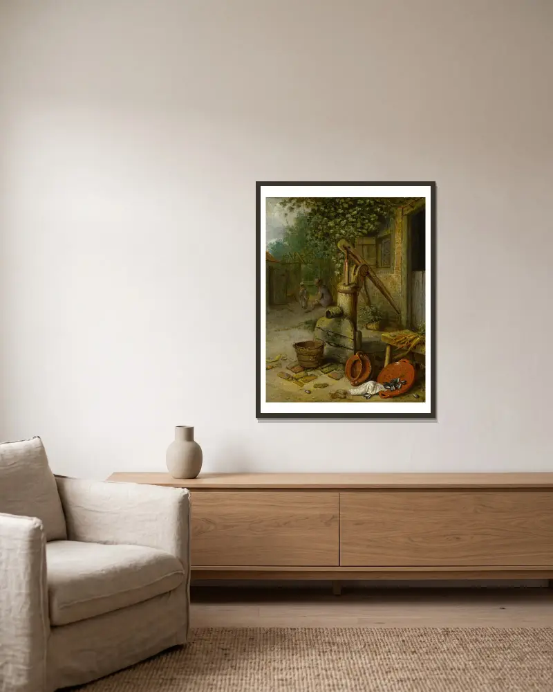 Bauernhof mit Pumpe von Adriaen van Ostade gerahmt an einer Wand
