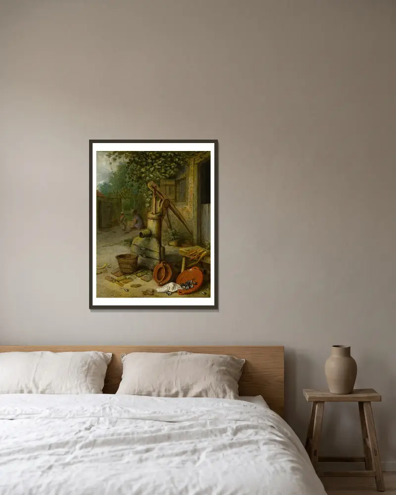 Bauernhof mit Pumpe von Adriaen van Ostade gerahmt an einer Wand