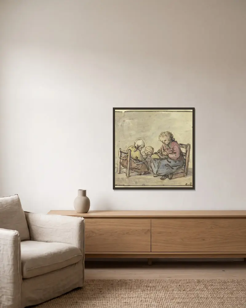 Drei Mädchen, das älteste beim Spitzenklöppeln von Adriaen van Ostade gerahmt an einer Wand