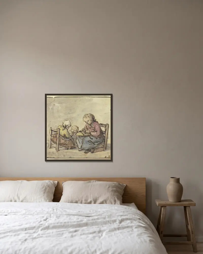Drei Mädchen, das älteste beim Spitzenklöppeln von Adriaen van Ostade gerahmt an einer Wand