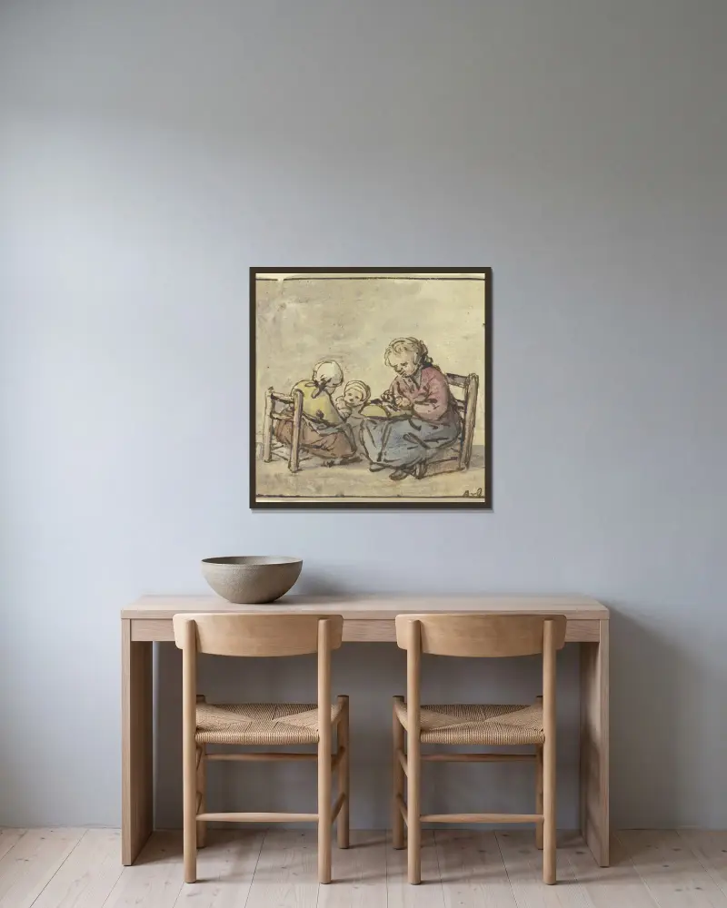 Drei Mädchen, das älteste beim Spitzenklöppeln von Adriaen van Ostade gerahmt an einer Wand