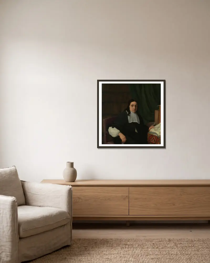 Porträtt av en konstsamlare, möjligen Constantijn Sennepart (1625–1703) av Adriaen van Ostade inramad på en vägg