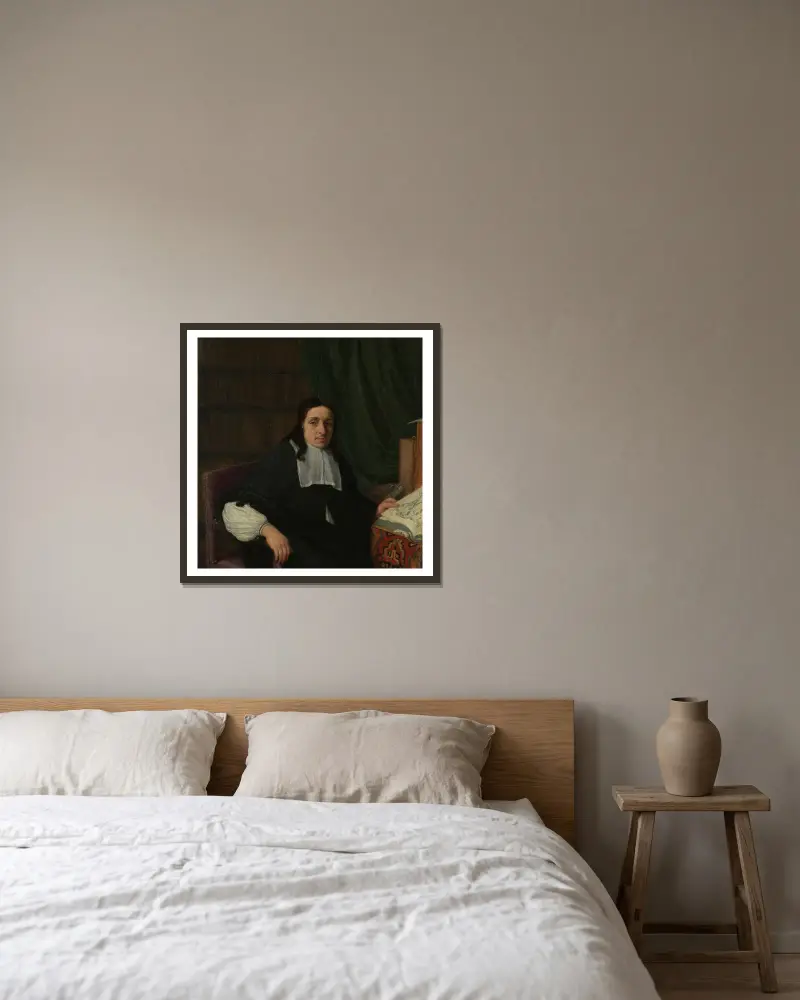 Porträtt av en konstsamlare, möjligen Constantijn Sennepart (1625–1703) av Adriaen van Ostade inramad på en vägg