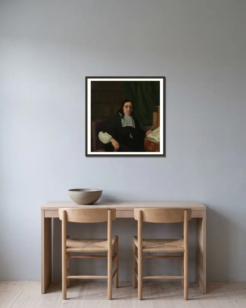 Porträtt av en konstsamlare, möjligen Constantijn Sennepart (1625–1703) av Adriaen van Ostade inramad på en vägg