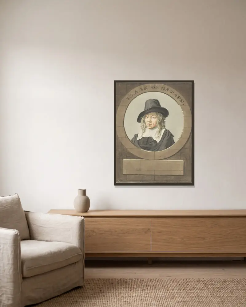 Portret van Isaak van Ostade av Adriaen van Ostade inramad på en vägg