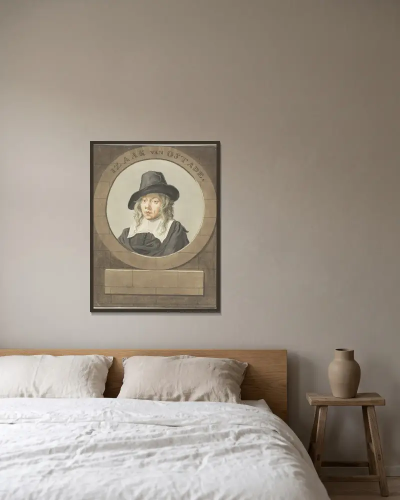 Portret van Isaak van Ostade av Adriaen van Ostade inramad på en vägg