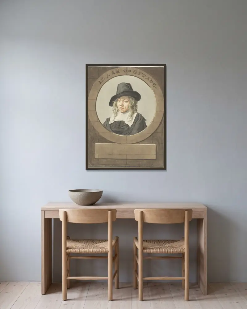 Portret van Isaak van Ostade av Adriaen van Ostade inramad på en vägg