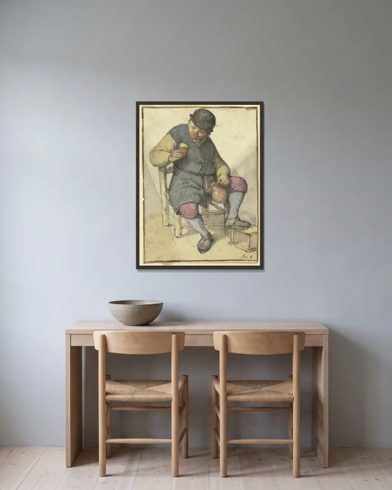 Sitzender Bauer von vorn, mit Krug und Glas av Adriaen van Ostade inramad på en vägg