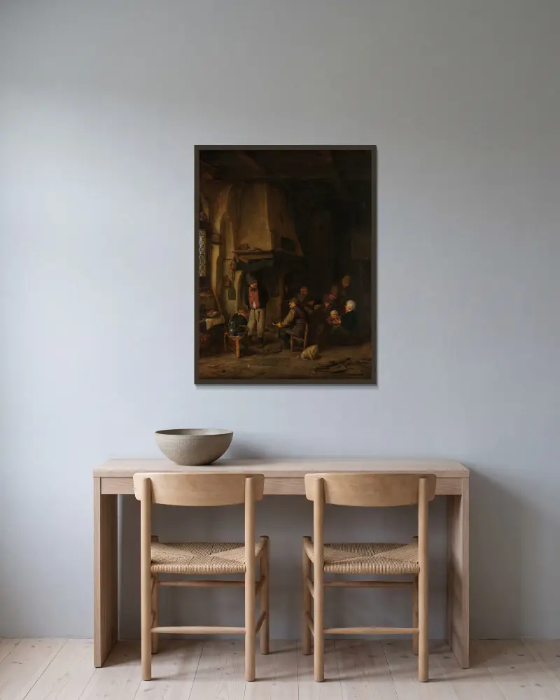The Skaters; Peasants in an Interior av Adriaen van Ostade inramad på en vägg