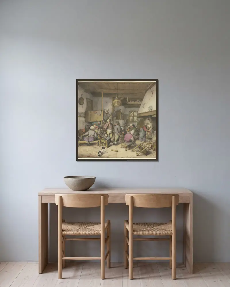 Värdshusinteriör med rökande, drickande och kyssande bönder av Adriaen van Ostade inramad på en vägg